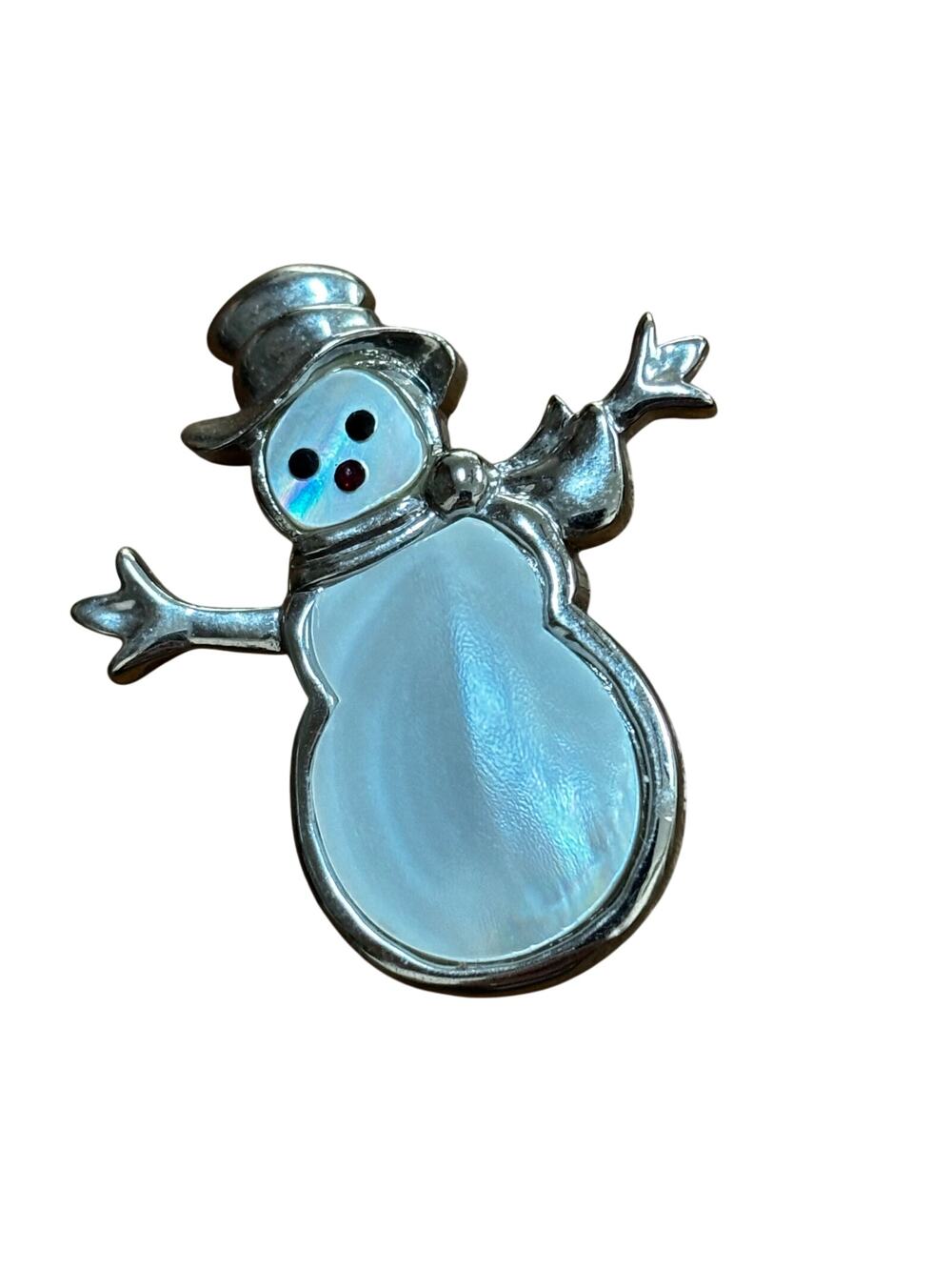 Christmas holiday brooch festive silver snowman with white Opalescent finishes